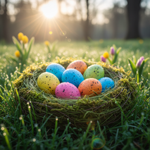 Osterkörbchen, gefüllt mit bunten Eiern, auf einer grünen Wiese. KI-generiertes Bild